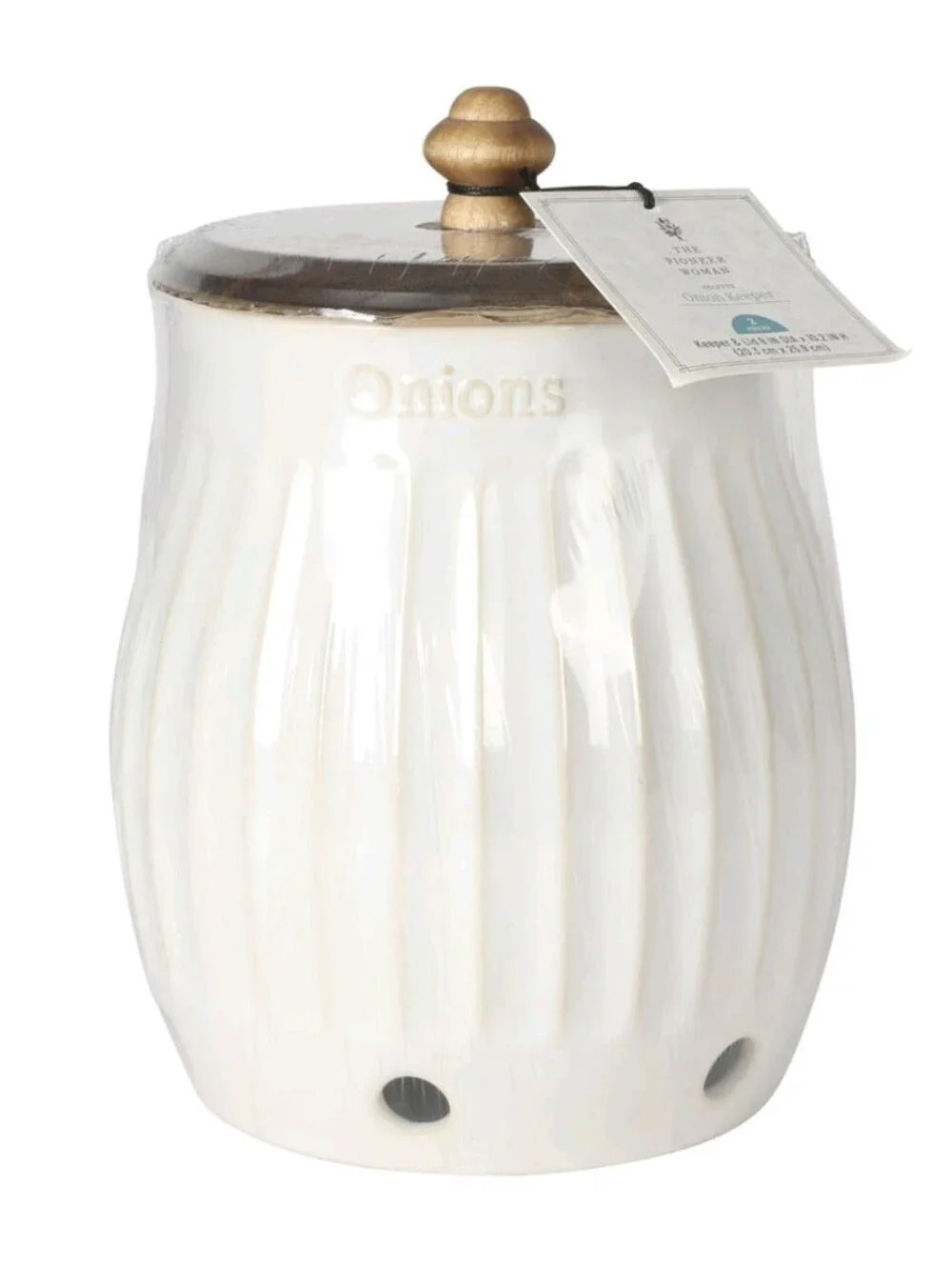 ❤️ The Pioneer Woman Colette Onion Keeper Cream Ceramic with Wooden Lid